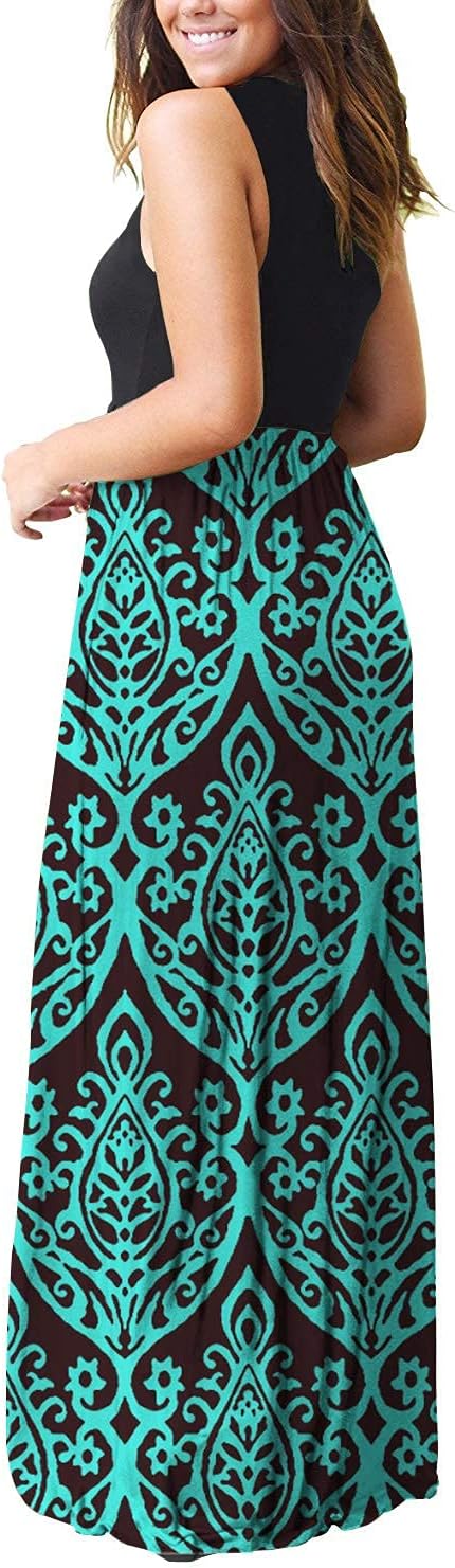 AUSELILY Women's Summer Sleeveless Loose Maxi Dress Casual Long Dress with Pockets X-Large 02-black Green
