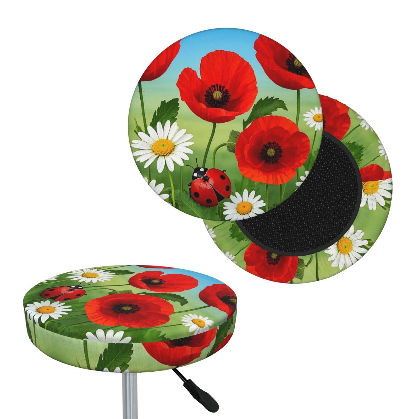FodPand Chamomile Ladybug and Daisy Bar Stool Cover Round Elastic Stool Cushion Covers Washable Bar Stool Chair Slipcover Stretch Stool Seat Covers for 12-14 Inch Chair