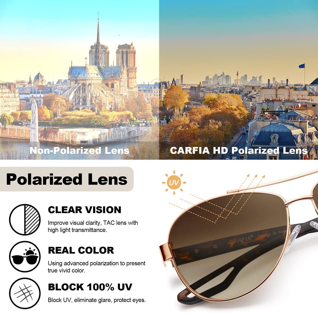 CARFIA Lightweight Retro Pilot Sunglasses for Women Polarized UV Protection, Trendy Outdoor Driving Lady Sunnies Metal Frame - Image 9