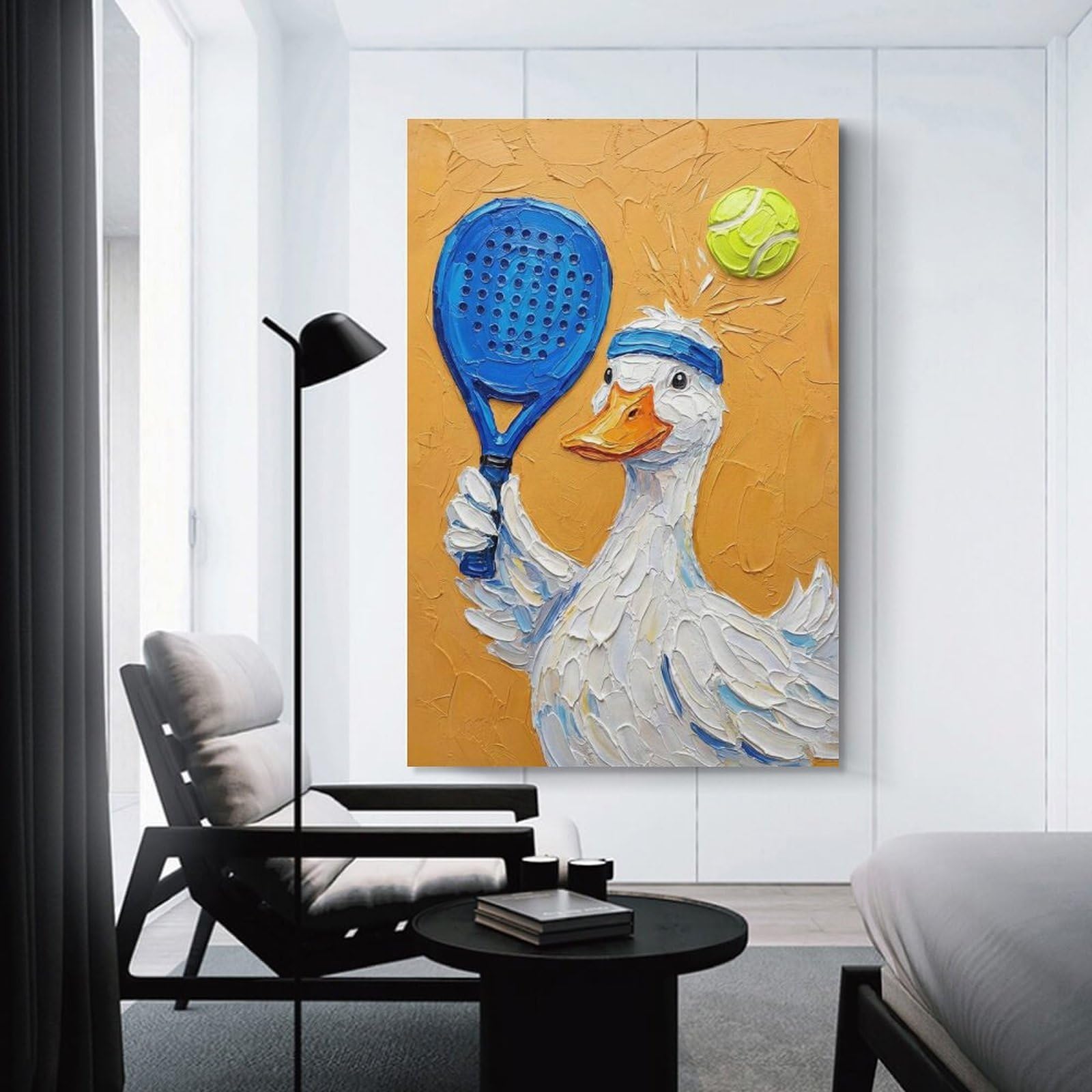 Junmoney Canvas Art Print Duck Tennis Player Oil Painting, 24x36inch(60x90cm), for Calm Bedrooms, Home Corners Or Flats, A Warm Accent for Relaxed Interiors