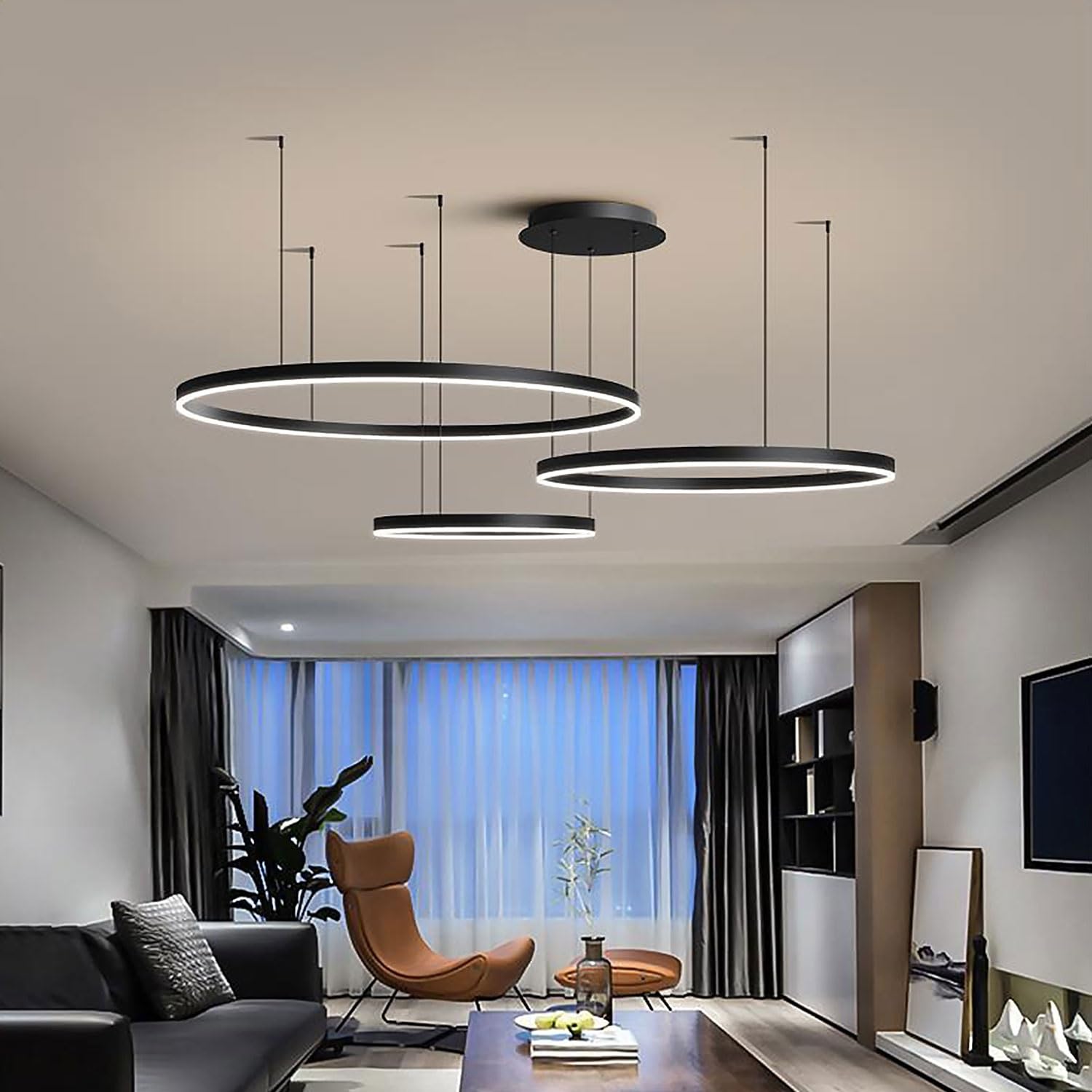 Lampy Wiszace Nowoczesna Restauracja LED Zyrandole Pierścień Ze Zdalnym Sterowaniem Ściemnialne Oświetlenie Sypialni Regulowana Wysokość Dla Salonu Kuchnia Lampy Sufitowe (Color : Black 20+40+60cm)