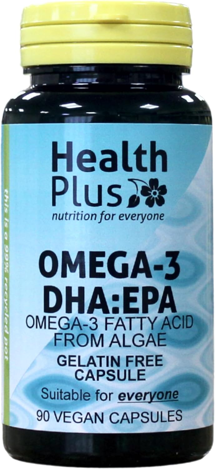 Health Plus Omega-3 DHA:EPA 500mg (Vegan) : Algal Oil Omega-3 Fatty Acid : 90 Vcaps, in a Planet-Friendly 99% Recycled Pot