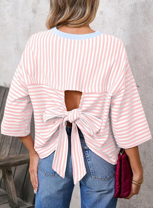Dokotoo Womens Summer Tops Shorts Sleeve T Shirts for Summer Spring Striped Oversized Tshirt for Women Trendy Fashion 2026 Workouts Light Pink Medium by Dokotoo - Used condition - Image 2