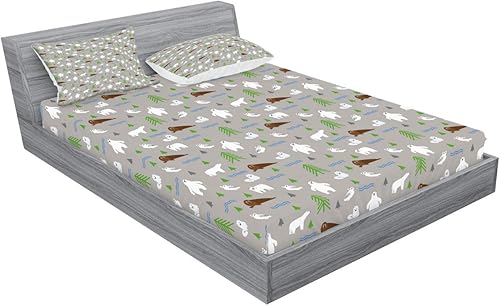 Miniatura 2 de Lunarable Forest Fitted Sheet & Pillow Sham Set, Polar Bear Animals with Owl Walrus Arctic Fox Spruce Tree Camp North Pattern, Decorative Printed 3