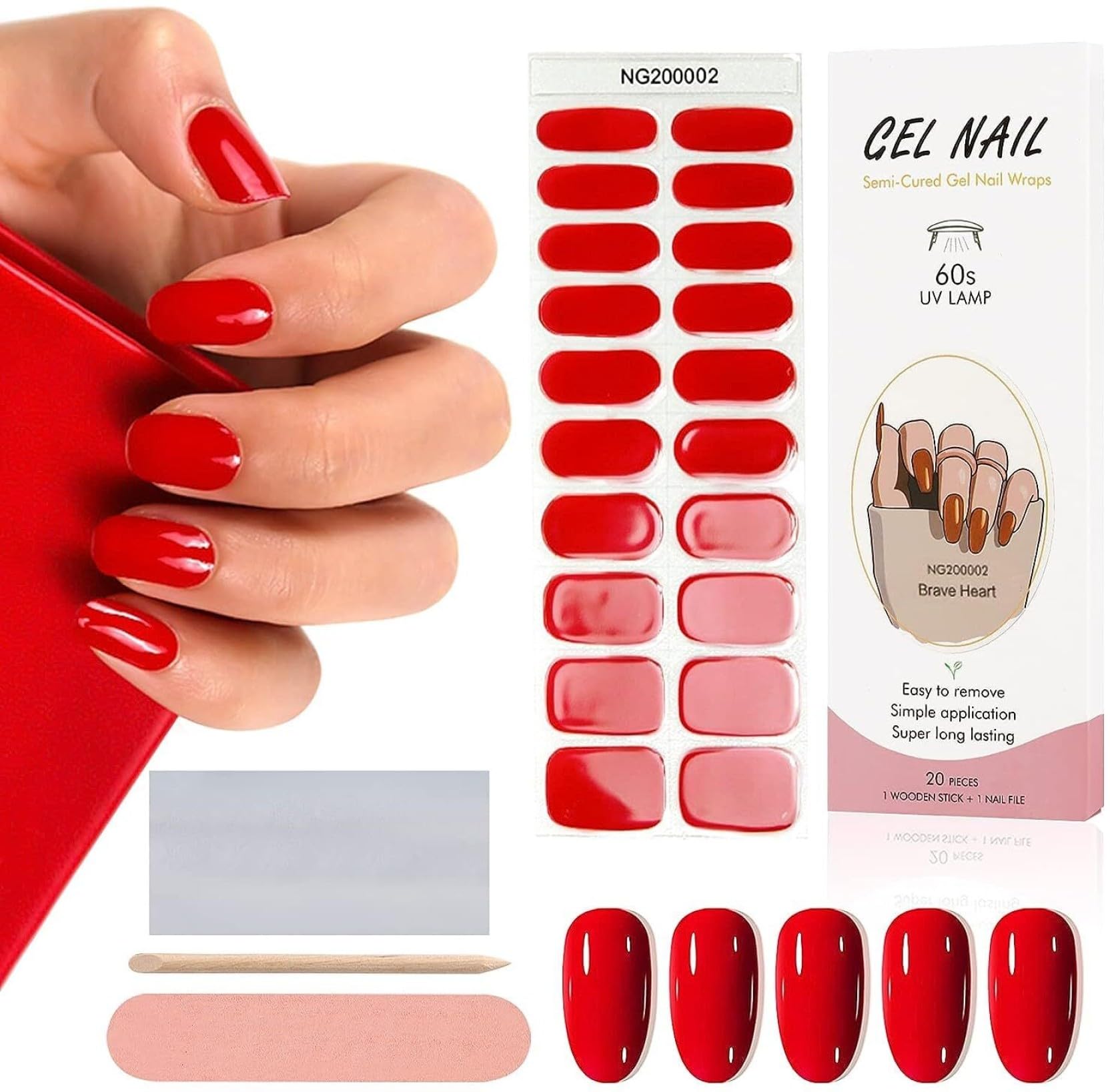 KIRA 20PCS Semi-Cured Gel Nail With 1 Wooden Stick + 1 Nail File & Nail Strip, Full Wrap Gel Nail Art Sticker, Waterproof Gel Nail Wrap Stickers with Nail File and Sticker UV/LED Lamp (NG200002)-image-46