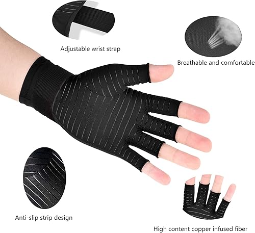 Miniatura 3 de Guantes de compresión de cobre para la artritis 1 par soporte de muñeca sin dedos con correa ajustable cómoda manga de túnel carpiano para la mano y