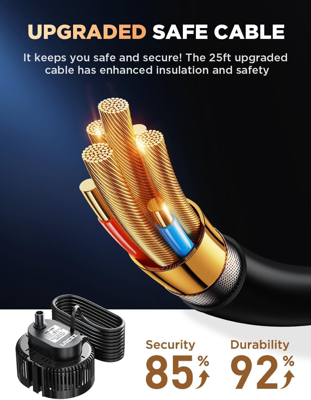 Sump Pump, 950GPH Ultra-quiet, Submersible Water Pump, Pool Cover Pump, Sump Pump for Pool Draining with 16ft Drainage Hose, Upgraded 25ft Thicker Power Cable and 4 Adapters, Black