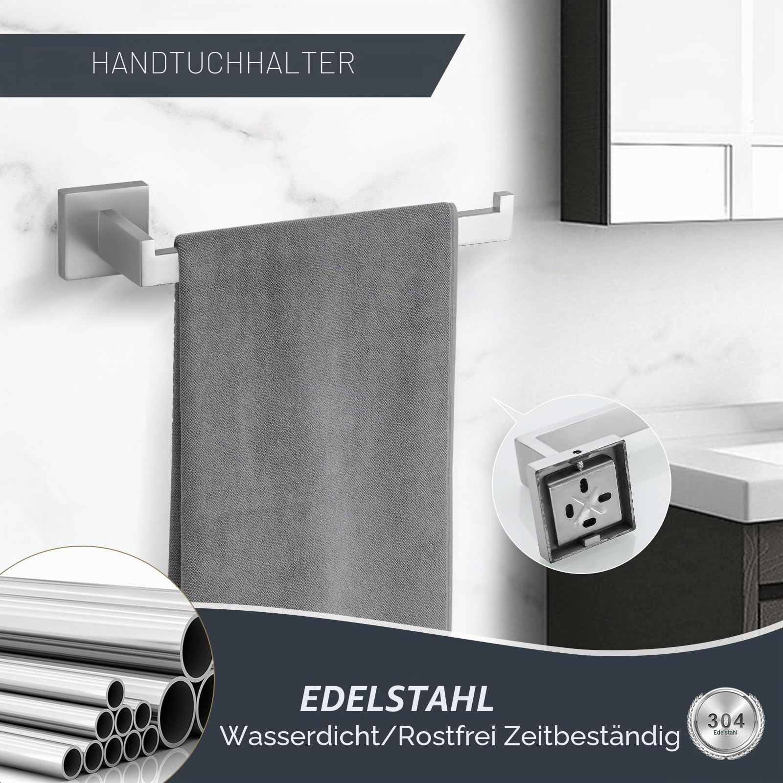 Turs 5-teiliges Badezimmer-Zubehörset, Handtuchstange, Haken, Toilettenpapierhalter, Handtuchring, zur Wandmontage (Gebürstetes Silber)