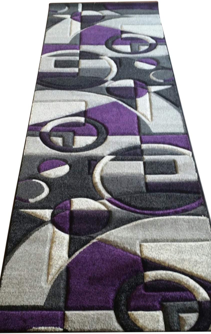 Modern Runner Contemporary Area Rug Purple Grey & Black Abstract Design 322 (2 Feet X 7 Feet 3 Inch)