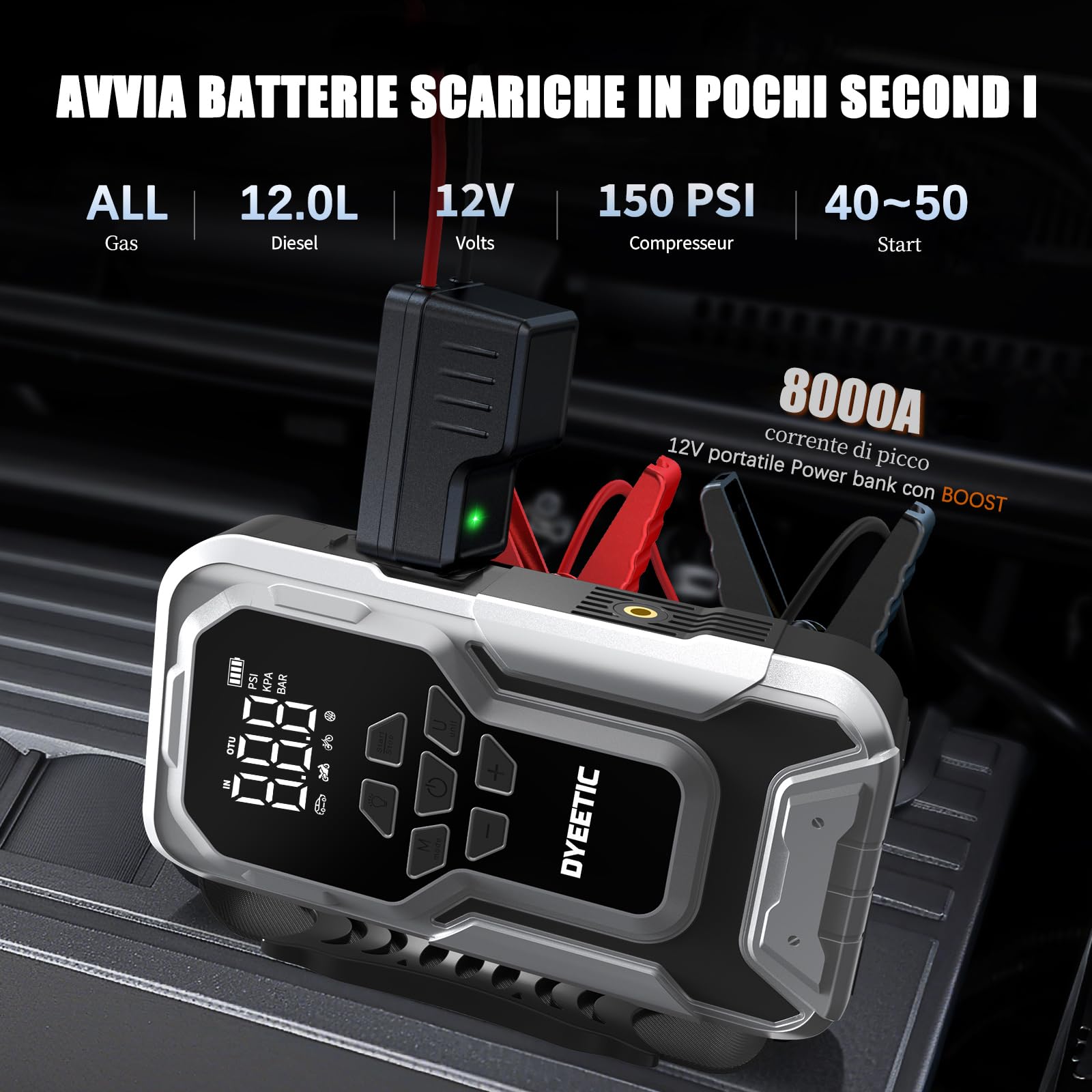 Avviatore Batteria Auto 8000A con Compressore 150PSI, Booster Avviamento per 12V Auto/Motor (All GAS e 12.0L Diesel), Jump Starter Power Bank Avviatore Emergenza con Torcia, Cavi di Avviamento