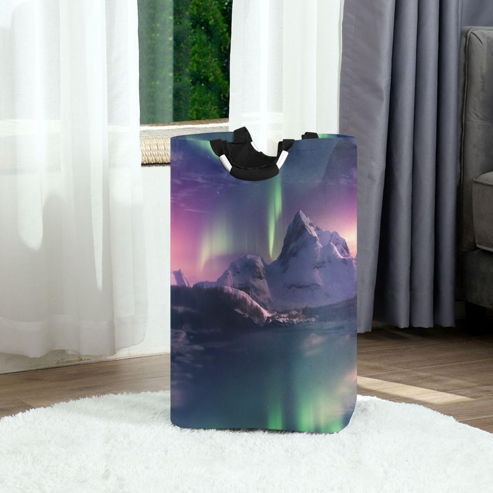 Jihqo Laundry Hamper Basket Mountian Aurora Collapsible Nursery Storage Bin Waterproof Clothing Baskets for Home Bedroom Bathroom Washing Room