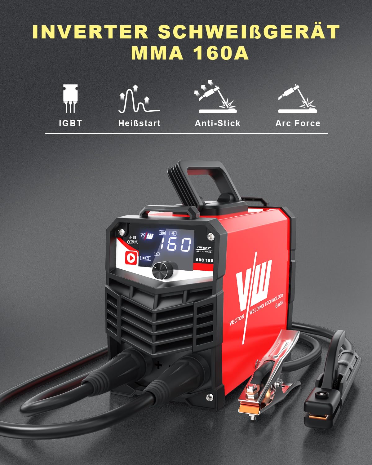 VECTOR WELDING Elektroden Schweißgerät MMA 160A - Schweißgerät Elektrode - Inverter Schweissgerät - Digitales Display - Einsteigergerät - Elektro Schweißgerät - IGBT ARC 160