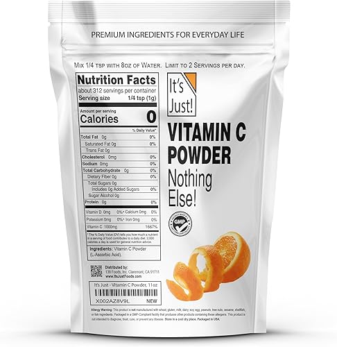 Vista 2 de It's Just! - Polvo de vitamina C, ácido L-ascórbico 100% puro, grado alimenticio, apoyo inmunológico, cosméticos caseros (11 oz)