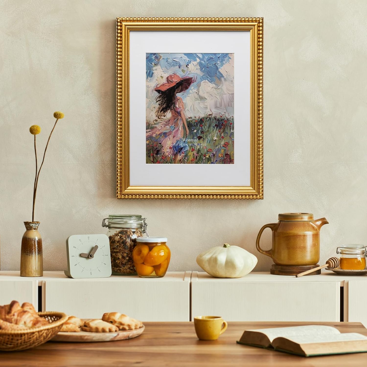 11x14 Picture Frame Gold, Stylish Beaded Edging, Solid Wood with Real Glass, Display 11x14 Photos Matted to 8x10, Vertical and Horizontal Desk Tabletop or Wall Hanging