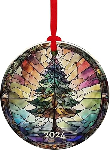 Miniatura 2 de Adorno colgante redondo de acrílico de la Navidad, estilo de vidrieras para la decoración del árbol