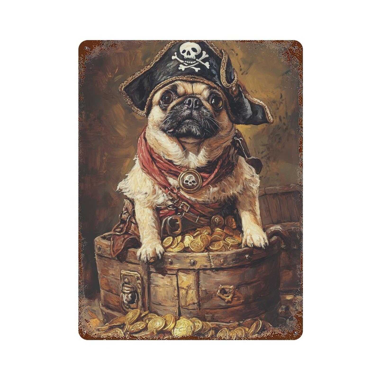 Pug Pirate Treasure Chest-3 Weathered Tin Sign 15.7"x11.8", Classic Wall Plaque for Garage, Bar And Workshop Decor