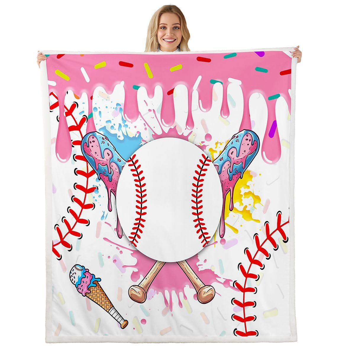 Homewish Baseballowy koc polarowy, uroczy estetyczny koc sherpa, pastelowy różowy, graffiti, sportowy, puszysty, pluszowy, dekoracyjny kij baseballowy, dekoracja na łóżko, kanapę, 229 x 229 cm