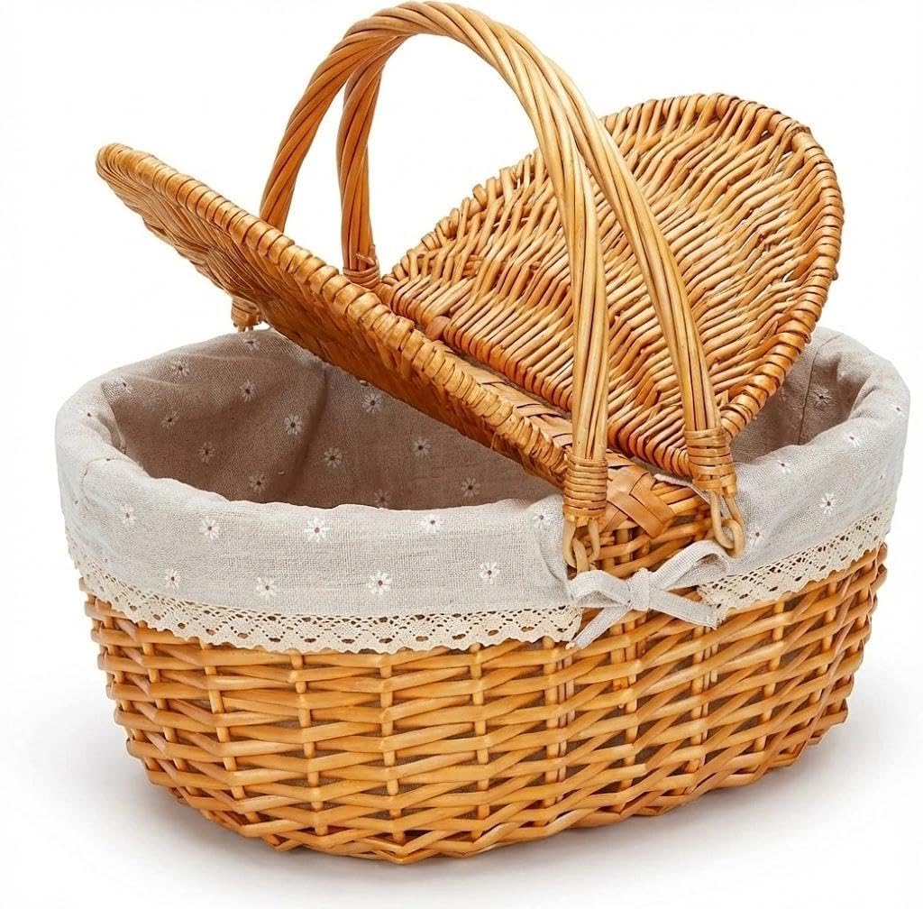 Cestino da picnic in vimini con coperchio, cestino per la spesa intrecciato con manico e fodera, cestino per funghi, cestino in vimini per picnic, campeggio, raccolta di verdure (fiori bianchi)