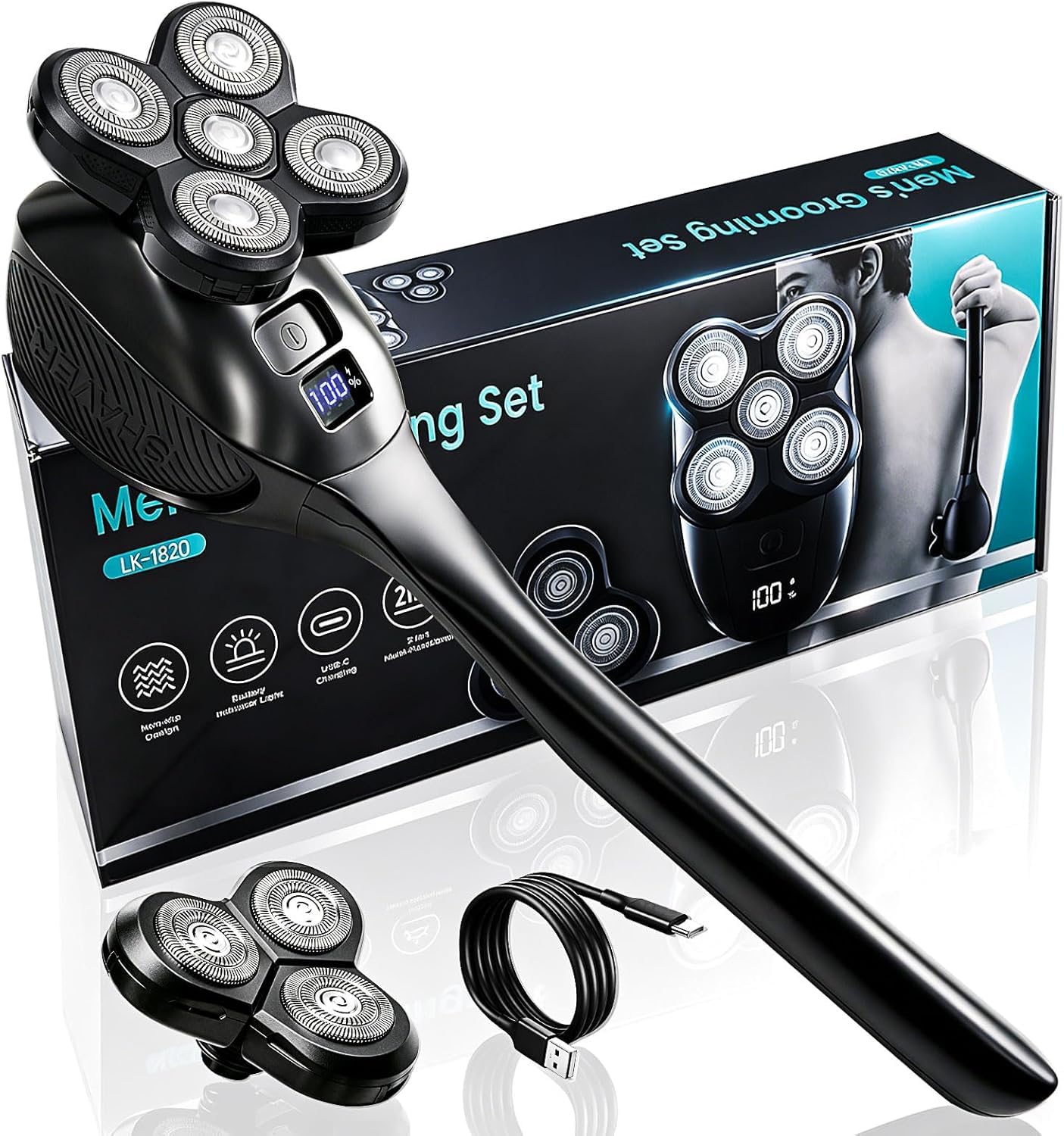 Rasoir pour le dos pour homme, rasoir électrique rechargeable avec manche long, kit de tondeuse étanche pour tout le corps avec têtes de rasage interchangeables