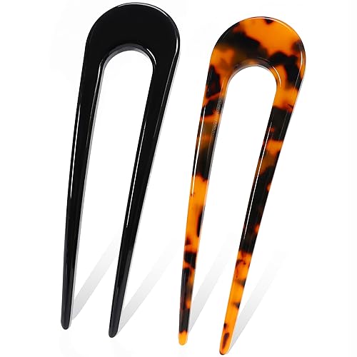 Miniatura 9 de Fsmiling Horquillas Francesas para el Cabello de Carey en Forma de U de 2 Puntas Palillos para el Cabello de Acetato Pin Chignon para Mujeres