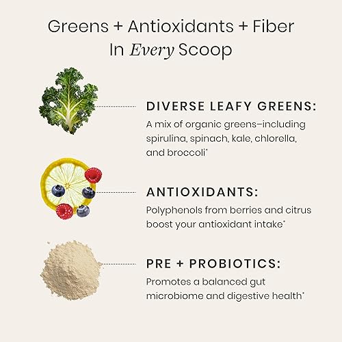 Miniatura 5 de Perelel Synbiotic Greens - Mezcla de superalimentos con frutas, verduras, probióticos, fibra, espirulina y clorella, suplemento de verduras diarias,