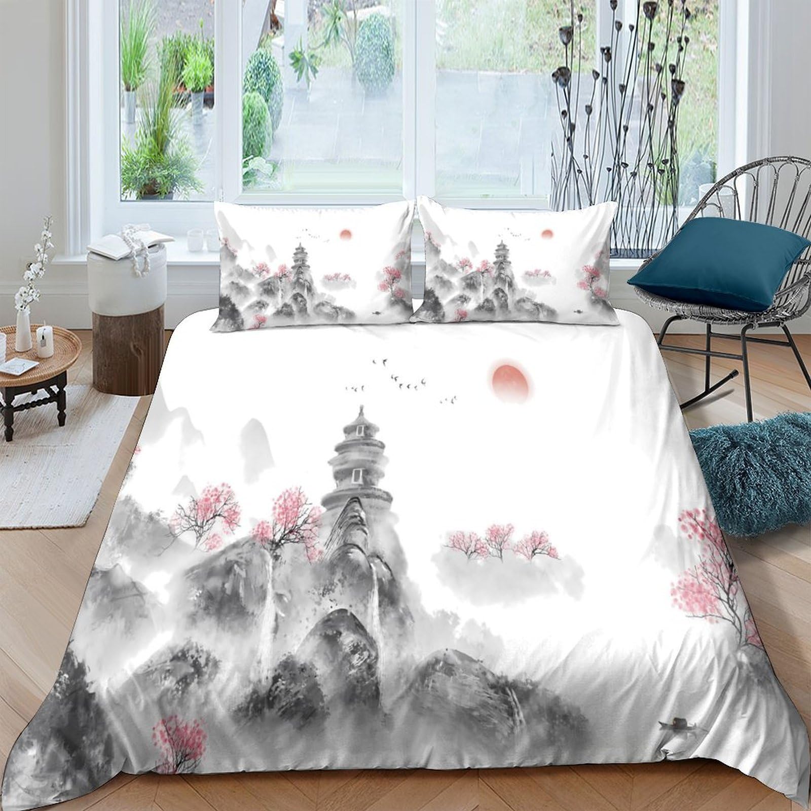 Ctjqhvkz Style-8 3D Printed Chinese Landscape Fitted Sheet Microfiber Soft Breathable Ink Painting Bed Cover For Bedroom Guest Room Decor Single（135X200cm）