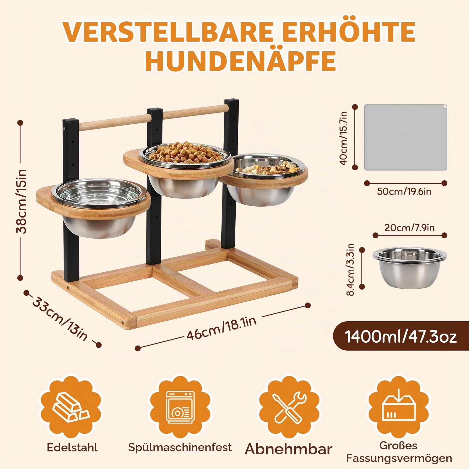 Hundenapf Erhöht, 5 Höhenverstellbar Hundenapf mit 3x1400ml Edelstahlnäpfen | Erhöhter Futternapf für Hunde, Holz Erhöhte Hundenäpfe Hundenapfständer Futternapf Futterstation mittel große