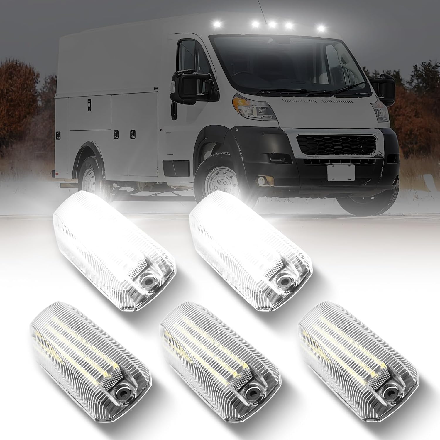 AUTOONE Upgraded White Cab Roof Top LED Marker Lights Kit Compatible With 2014-2023 Dodge Ram ProMaster 1500 2500 3500, Clearance Running Lamps & Three-Row LED Design, 5PCS