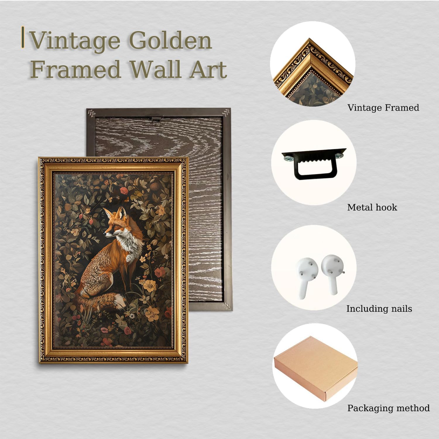 XJYISUO Vintage Gold Framed Wall Art Dark Academia Wall Art Fox Pictures Wall Decor Botanical Canvas Art Flower Paintings Nature Artwork For Living Room Bedroom