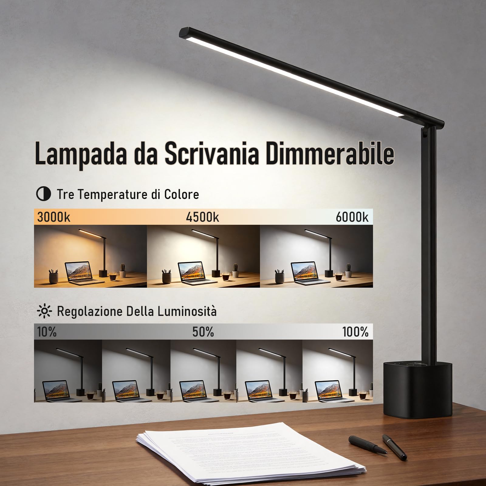 Jeebel Lampada Scrivania Wireless, 5000mAh Batteria LED Desk Lamp con Touch Dimmerazione Continua, 3 Temperature Colore, Angolo di Illuminazione Regolabile 180°, Portatile Luce Scrivania per Ufficio