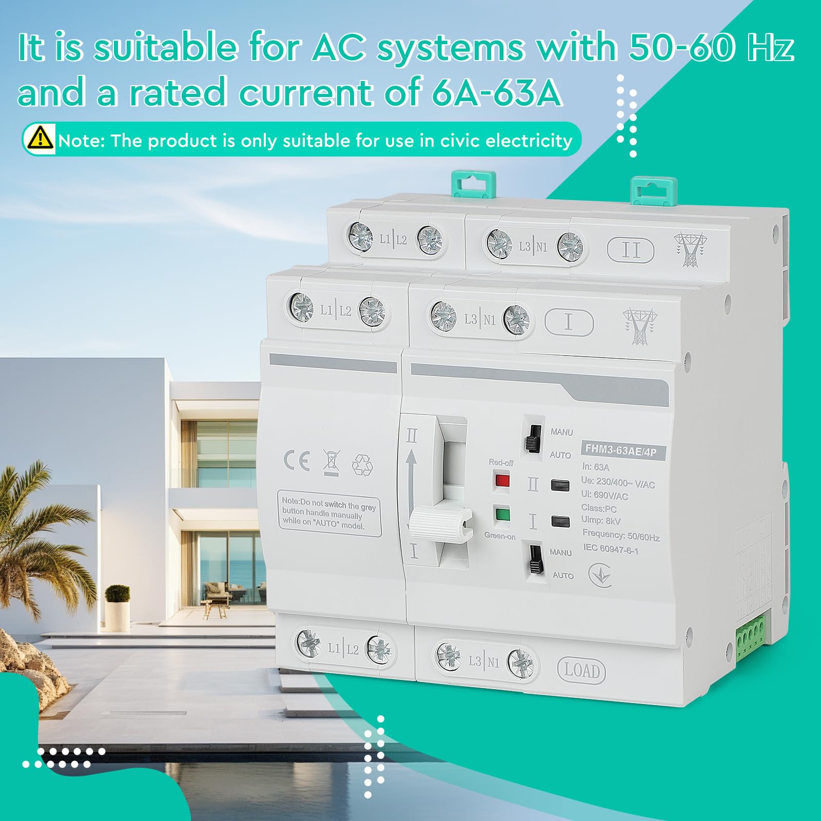 CPROSP Automatischer Transferschalter DIN 220V 63A 4P, Notstromschalter Transferschalter/Lastumschalter 4polig, Dual Netzteil DIN-Schienen-Umschalter