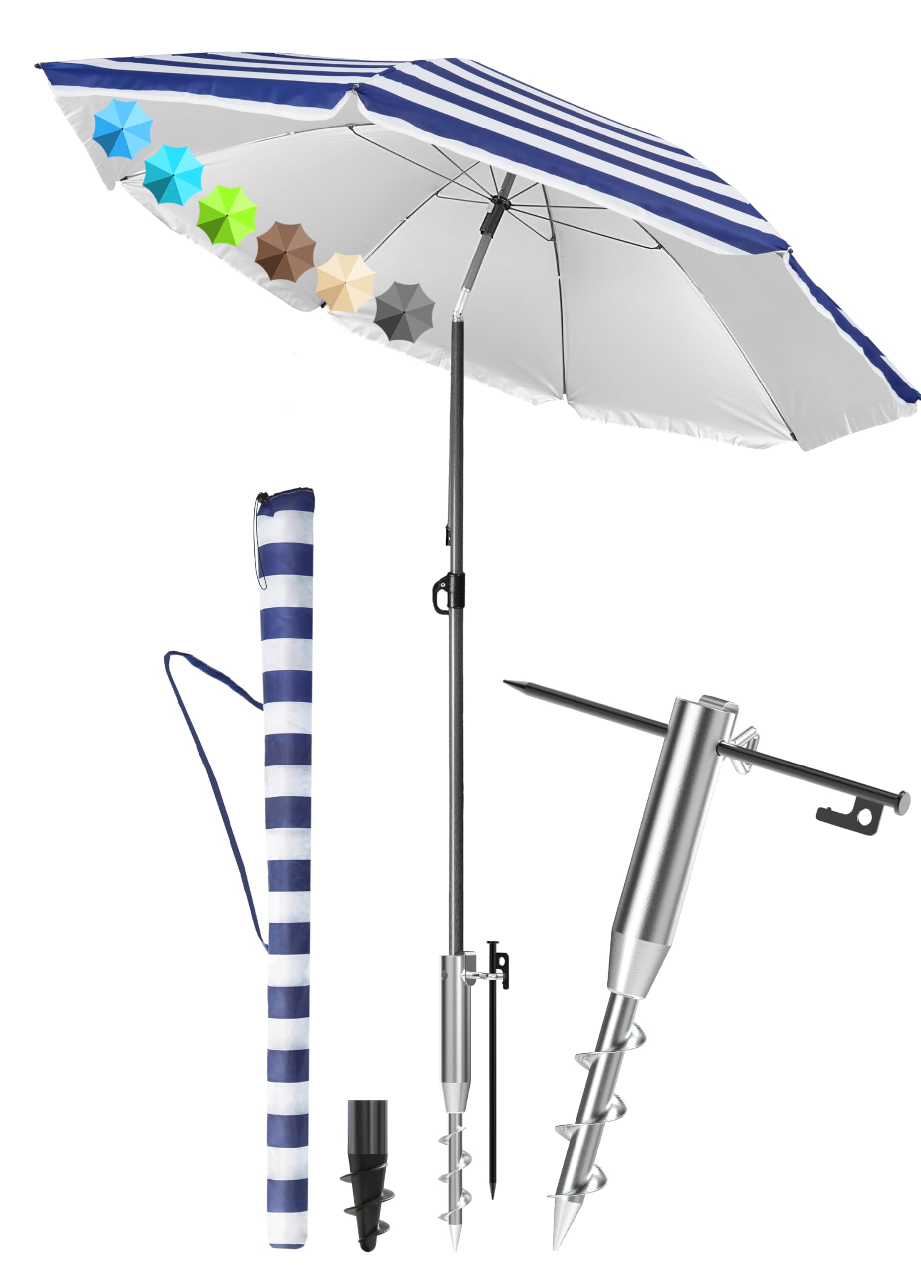 Menz Sonnenschirm Strand in Blau-Weiß - 3er Set inkl. Strandschirm windfest stabil + Rasendorn Sonnenschirmhalter + Sonnenschirmhülle, Sonnenschirm mit Rasendorn, robuster Schirmspieß für Garten