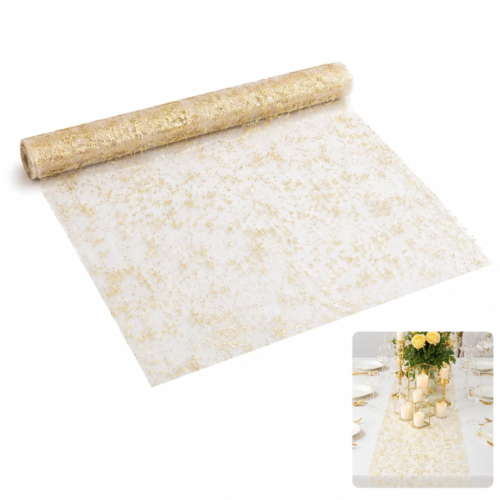 Mistillion 10ft Gold Glitter Table Runner, Sheer Tulle Chiffon Table Runner with Metallic Foil, Table Decorations for Wedding, Birthday, Christmas, Bridal & Baby Shower Parties