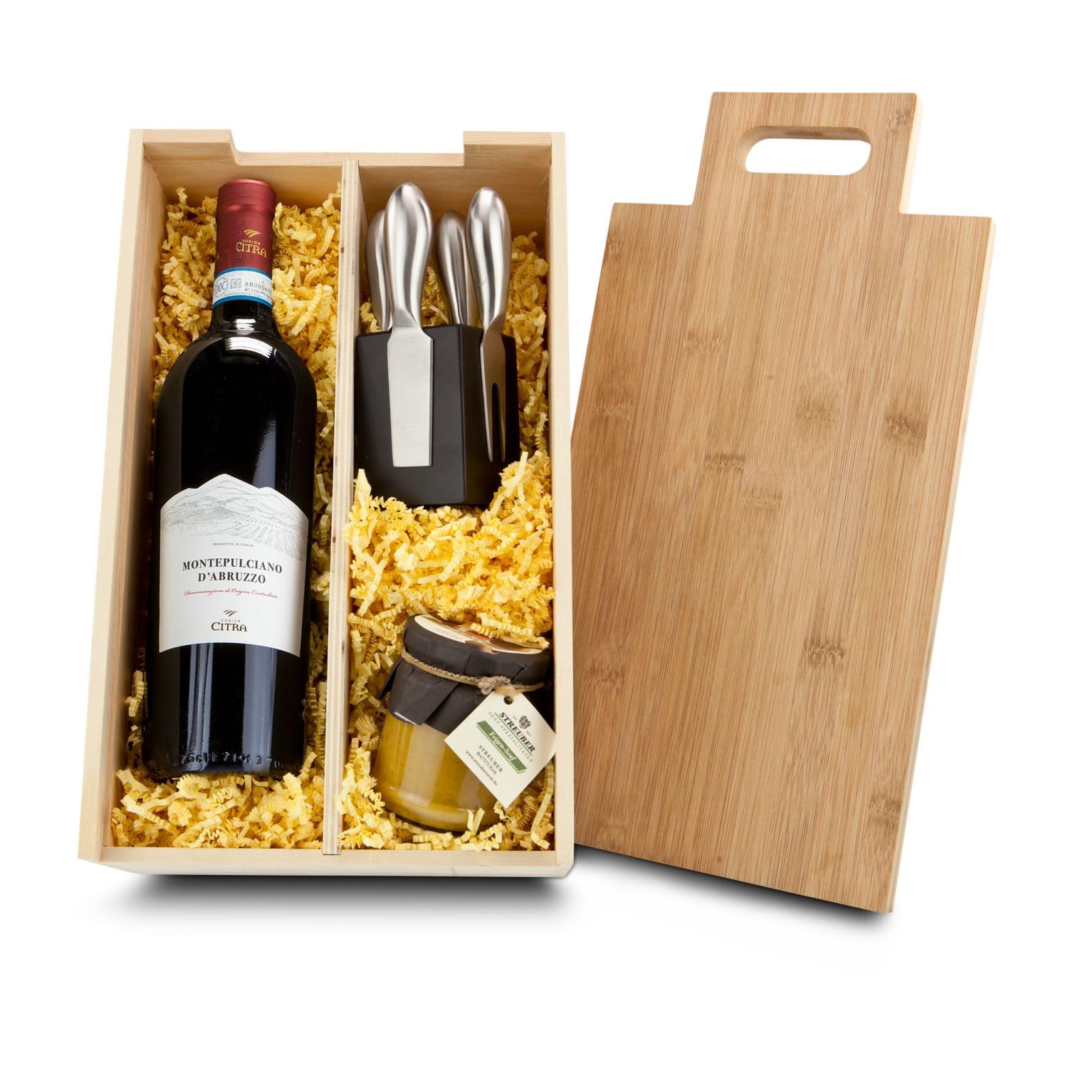 Römer Präsente Geschenkset Say Cheese: 8-teilig; 1 Montepulciano Rotwein, 1 Glas Feigensenf, 1 ROMINOX- Käsemesserblock (magnetisch) mit 4 Besteckteilen in wandelbarer Weinverpackung als Käsebrett