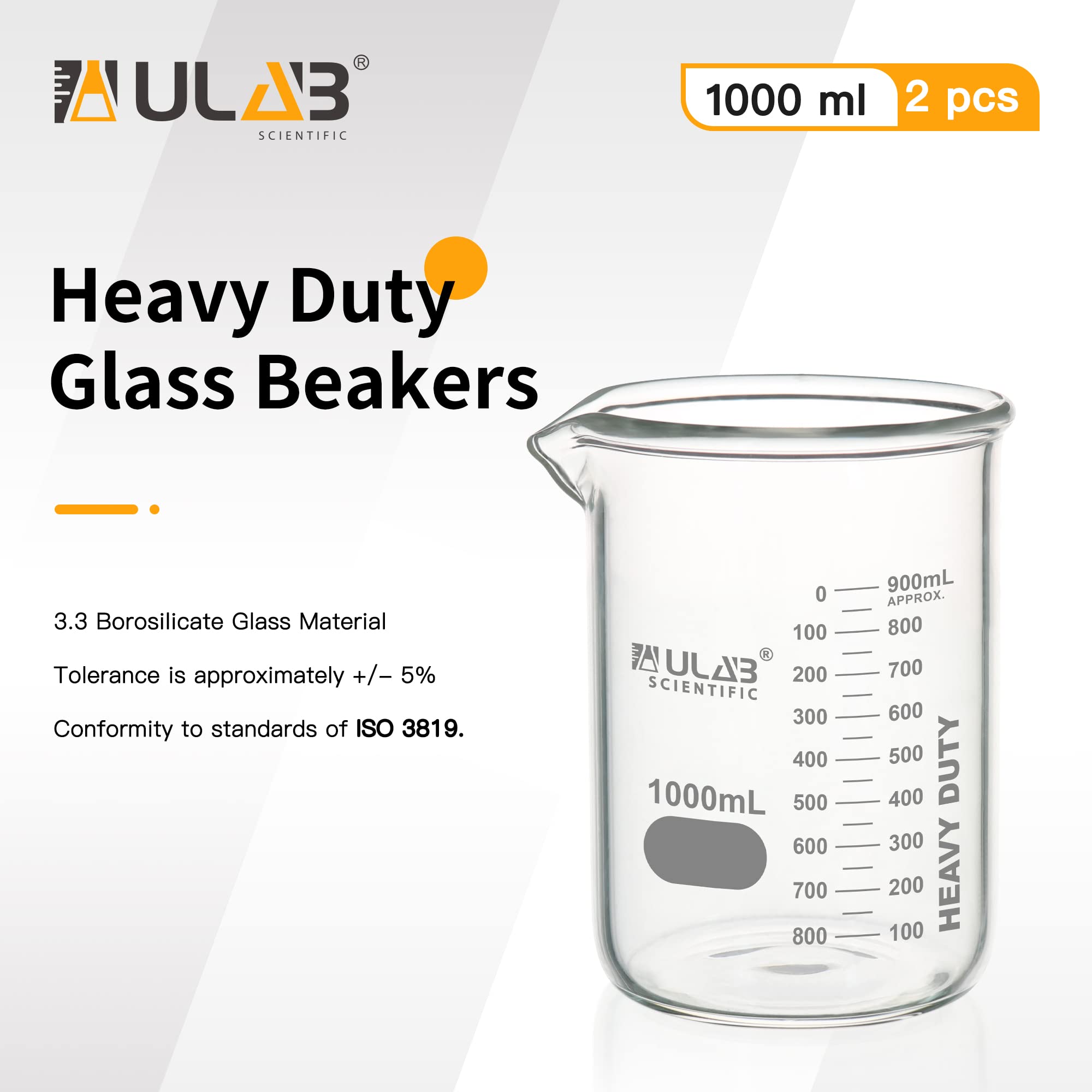 ULAB Becher di vetro, Heavy Duty, con graduazione stampata a doppia scala. 2pcs di Vol.1000ml, UBG1065