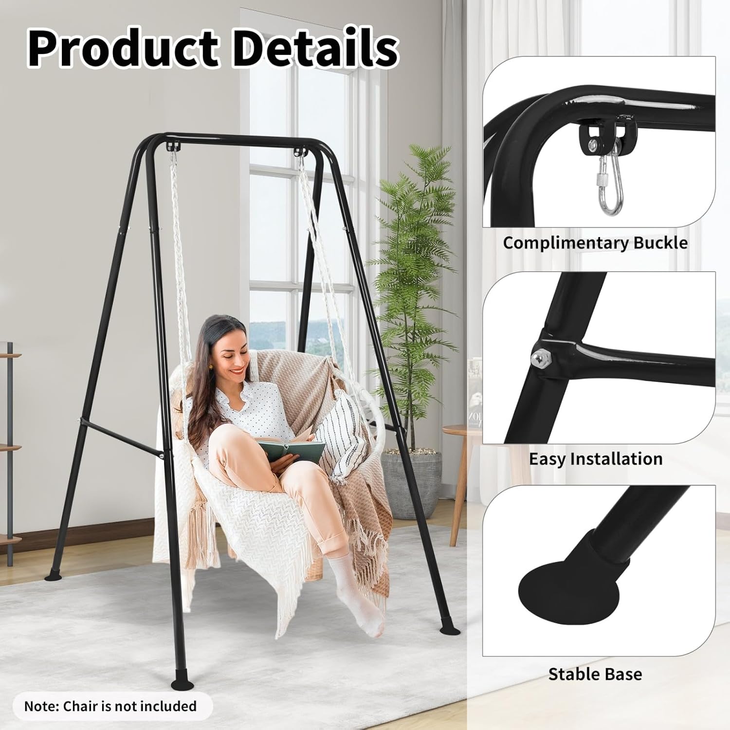Hammock Chair Stand, Heavy-Duty A-Frame Metal Swing Stand for Indoor and Outdoor, Suitable for Most Hanging Chairs, Easy to Assemble & Store, Hammock Chair not Included (Black)