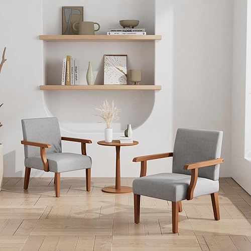 Miniatura 8 de Juego de 2 sillas decorativas de tela, sillas laterales de tela de lino sin brazos con mesa auxiliar redonda de madera, silla moderna para sala de