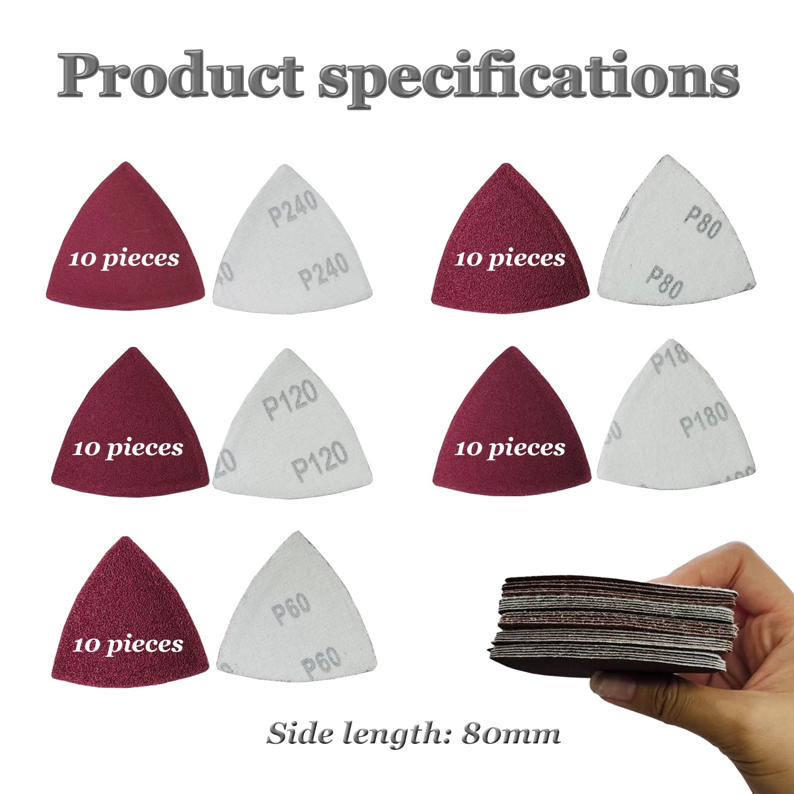52 piezas Almohadilla de lijado oscilante Almohadilla de lijado triangular de 80mm Lijadora delta para lijadora multiherramienta Kit Herramienta de Pulido con 5 tipos de papel de lija