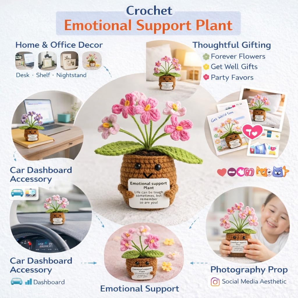 Vendola 12CM Height Valentine’s Day Emotional Support Crochet Flower Plant, Handmade Cute Desk Decor with Positive Message, Aesthetic Gift for Home, Office, Loved Ones, Couples & Car (Wild Pink White) 2