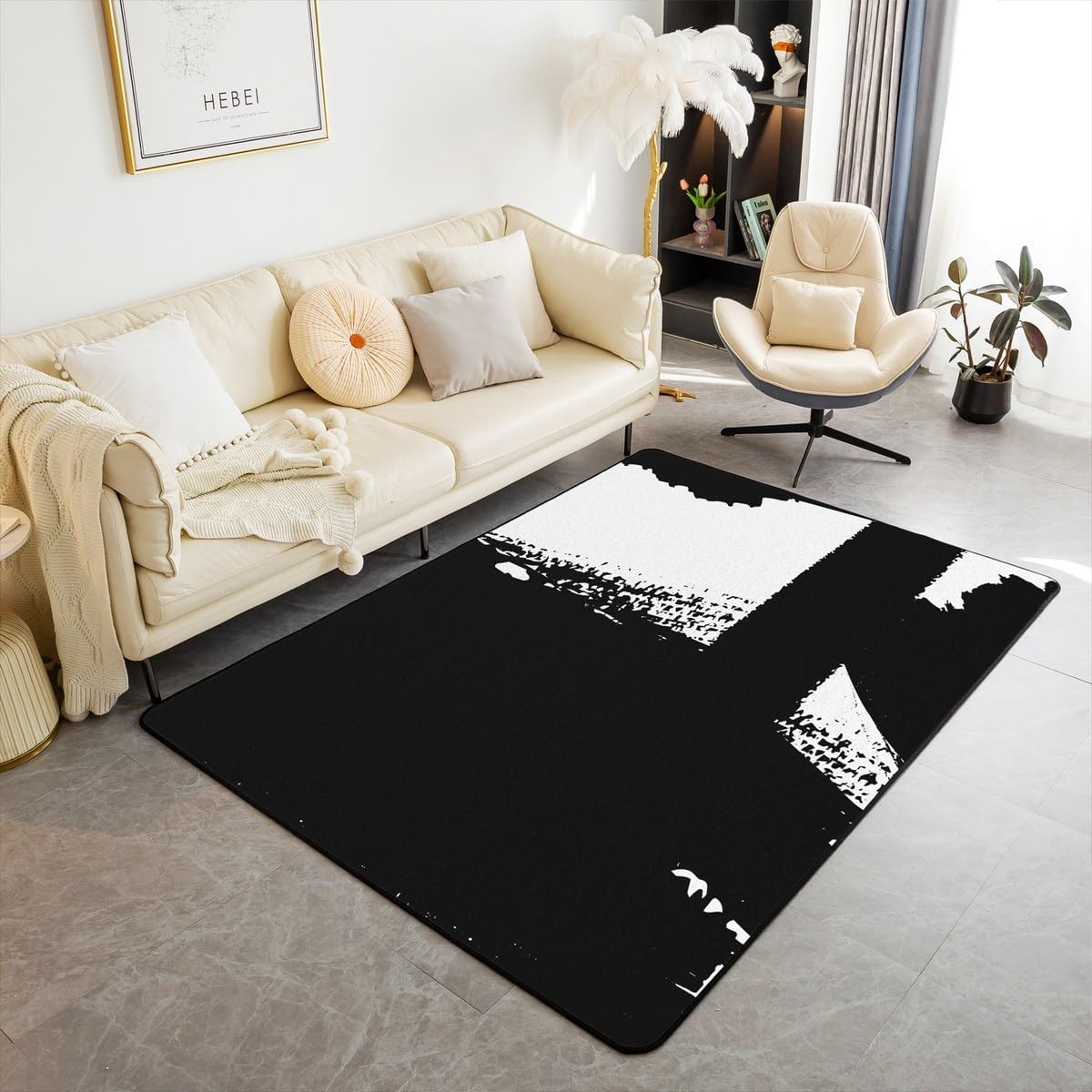 Kids Abstract Area Rug 5x7 Beige and Black Decor Carpet for Boys Girls Teens Modern Art Living Room Rugs for Bedroom Geometric Indoor Floor Mat Soft Non-Slip