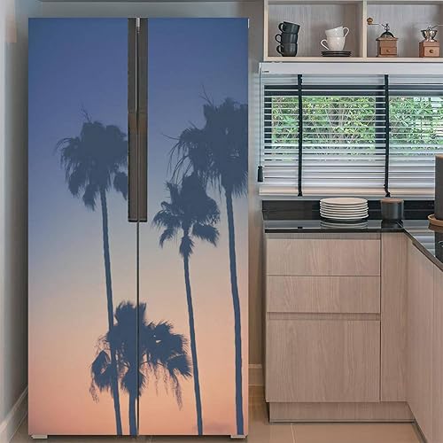 Miniatura 2 de Juego de envolturas de vinilo autoadhesivas para refrigerador, color morado y naranja, puesta de sol, cielo, palmeras, puerta, mural, extraíble,