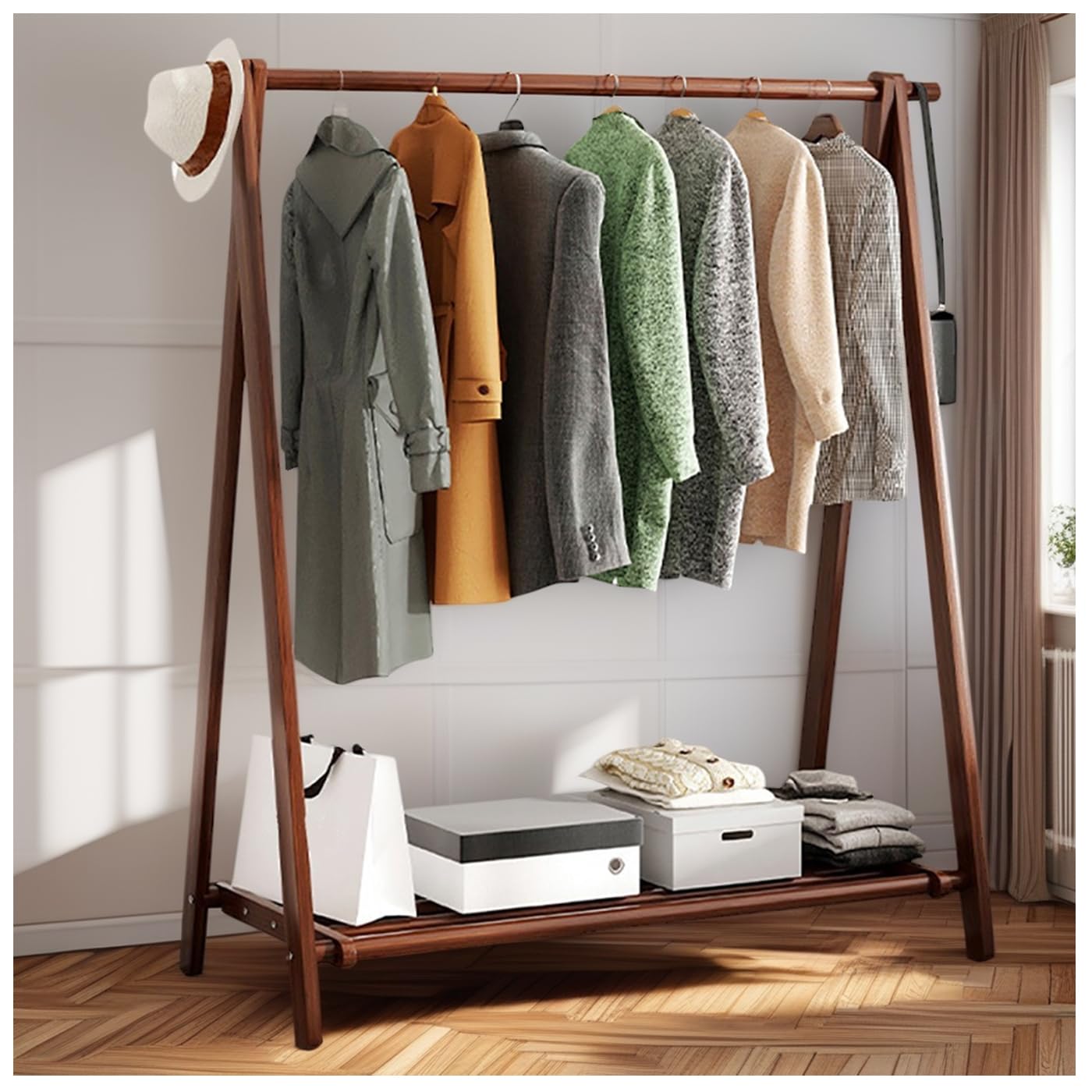 Portant à vêtements en bois pliant avec étagère basse