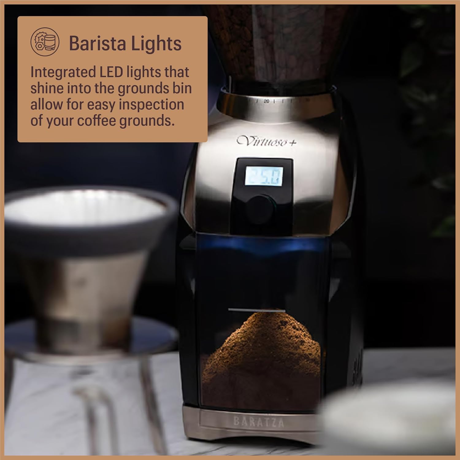 Baratza Virtuoso+ grinding coffee into the illuminated grounds bin