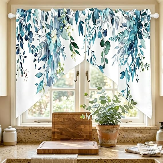 Blue Eucalyptus Leaf Kitchen Swag Curtains, 2 Panels, 28x36 Inch