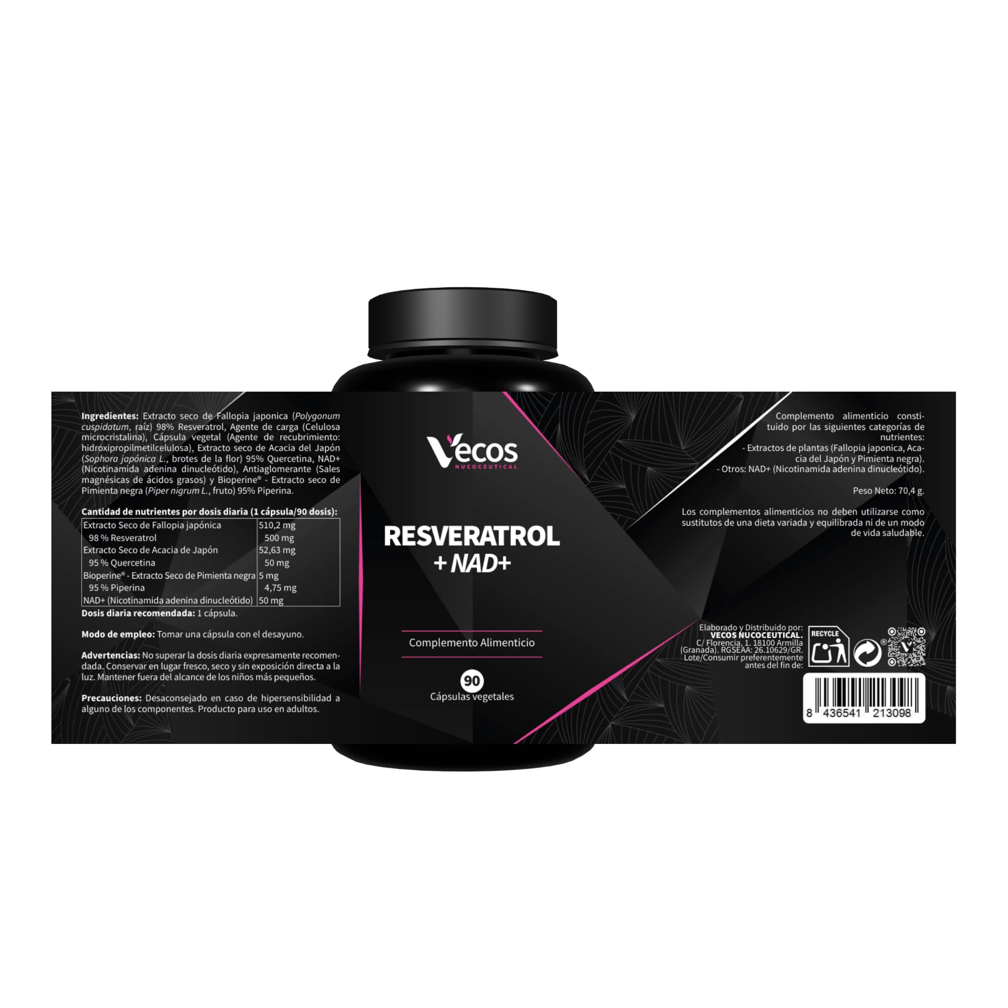 Resveratrol con NAD+, Quercetina y Bioperine – Energía Celular y Antioxidante Avanzado – 90 Cápsulas Veganas (180 Cápsulas (2 Botes))