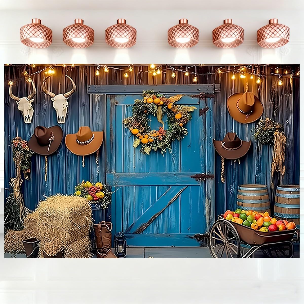 Rustic Western Cowboy Party Backdrop Blue Wooden Barn Door Design Backdrop West Rodeo Photography Background Western Theme Birthday Party Decorations