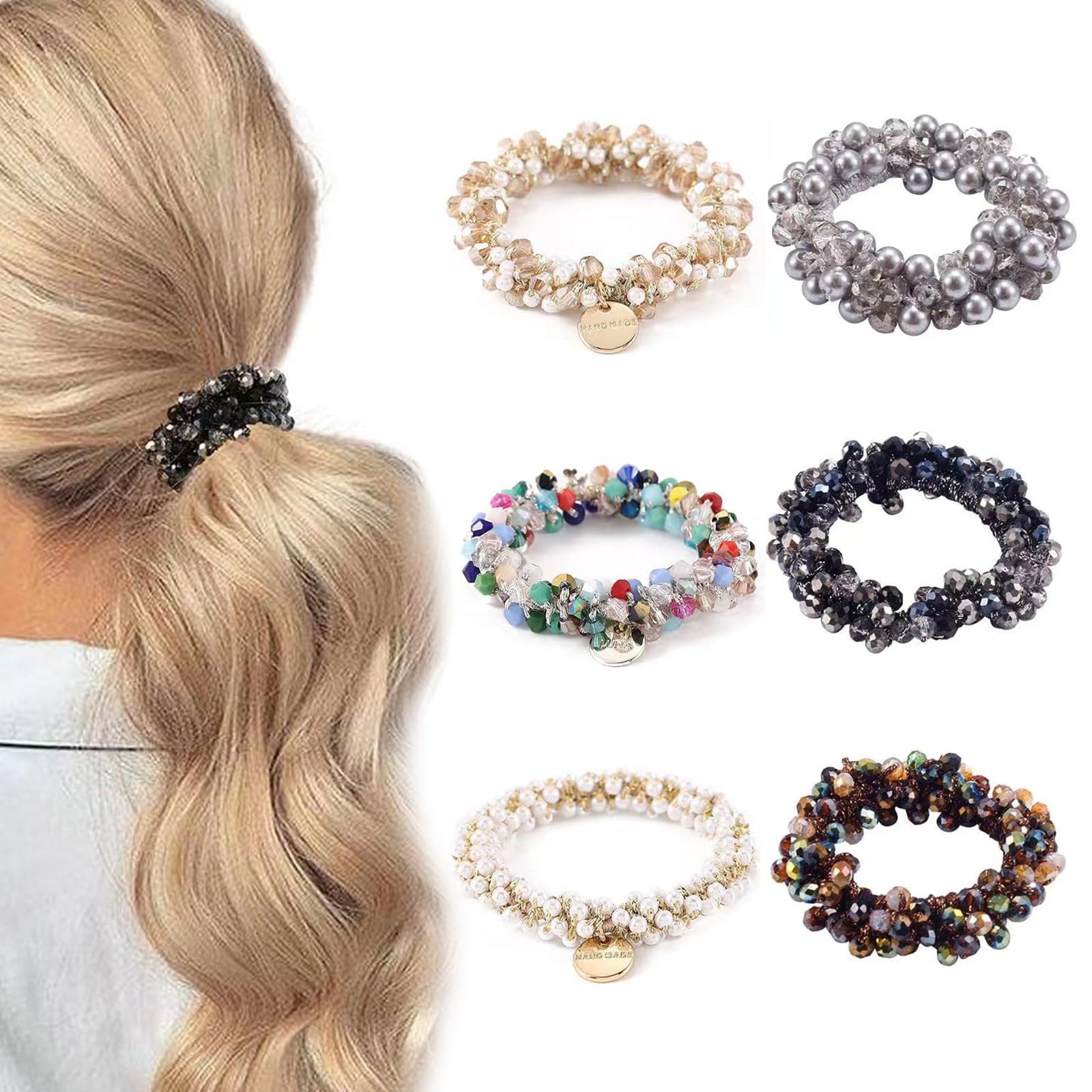 MUYAPAY Pack of 6 Hair Bobbles Crystal Hair Bobbles for Women Hair Bobbles with Beads