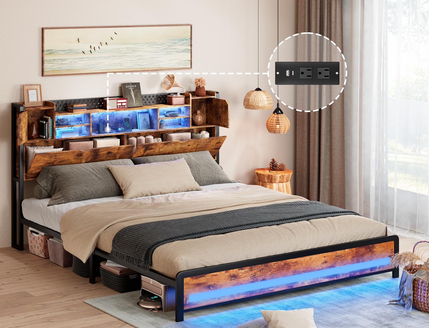 Queen Bed Frame with Charging Station, RGB LED Lights, 3 Tier Storage headboard with Hidden Storage Space, Heavy Duty Steel slated,no Box Spring Needed, Rustic Brown, 1100 lb Load Capacity