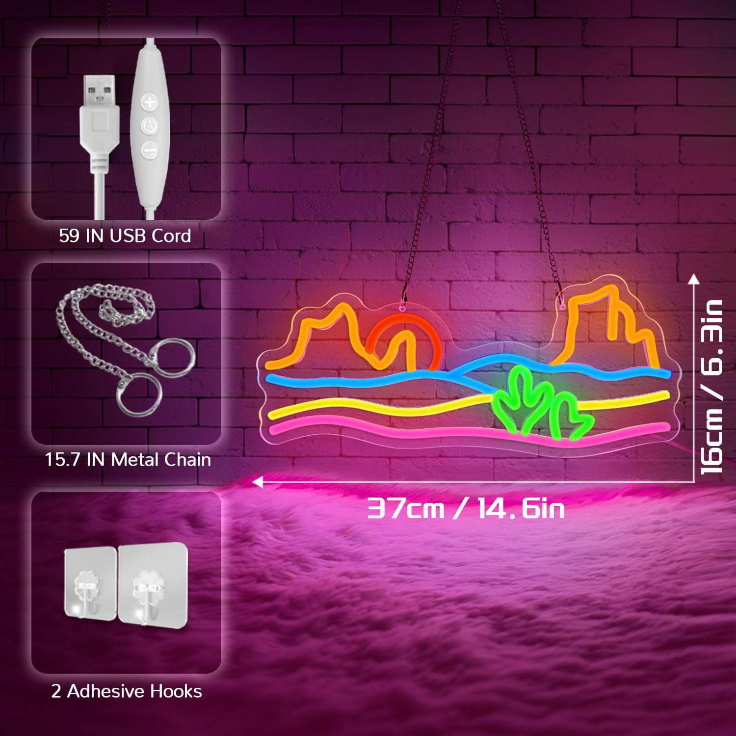 Mountain and Sunset Neon Sign,﻿Neon Signs for Wall Decor,Sunset Lamp for Bedroom,Cactus Scenery Led Sign,Sunset Neon Lights for Bedroom,Living Room,Wall Decor,USB Powered with Dimmable Switch