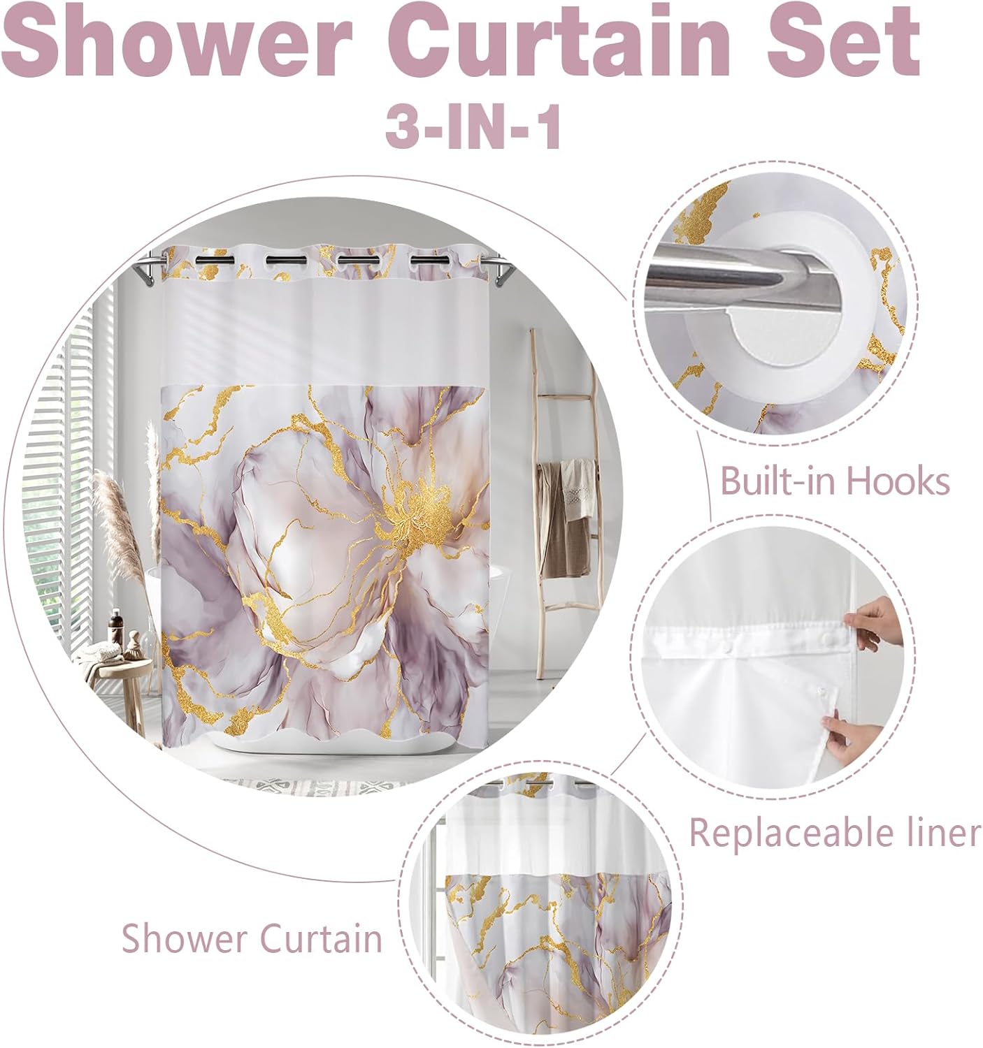 No Hook Shower Curtain with Snap in Liner Set, Grey Purple and Gold Marble Floral Fabric Shower Curtain for Bathroom Hotel 71x74 Inches